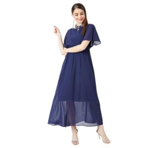 Women's Navy Blue Flared Solid Embellished Gathered Maxi Dress