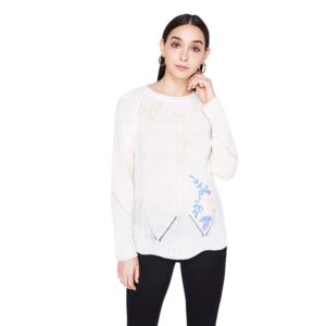 Womens Round Neck Straight Fit Stripe Embroidered Knitted Top