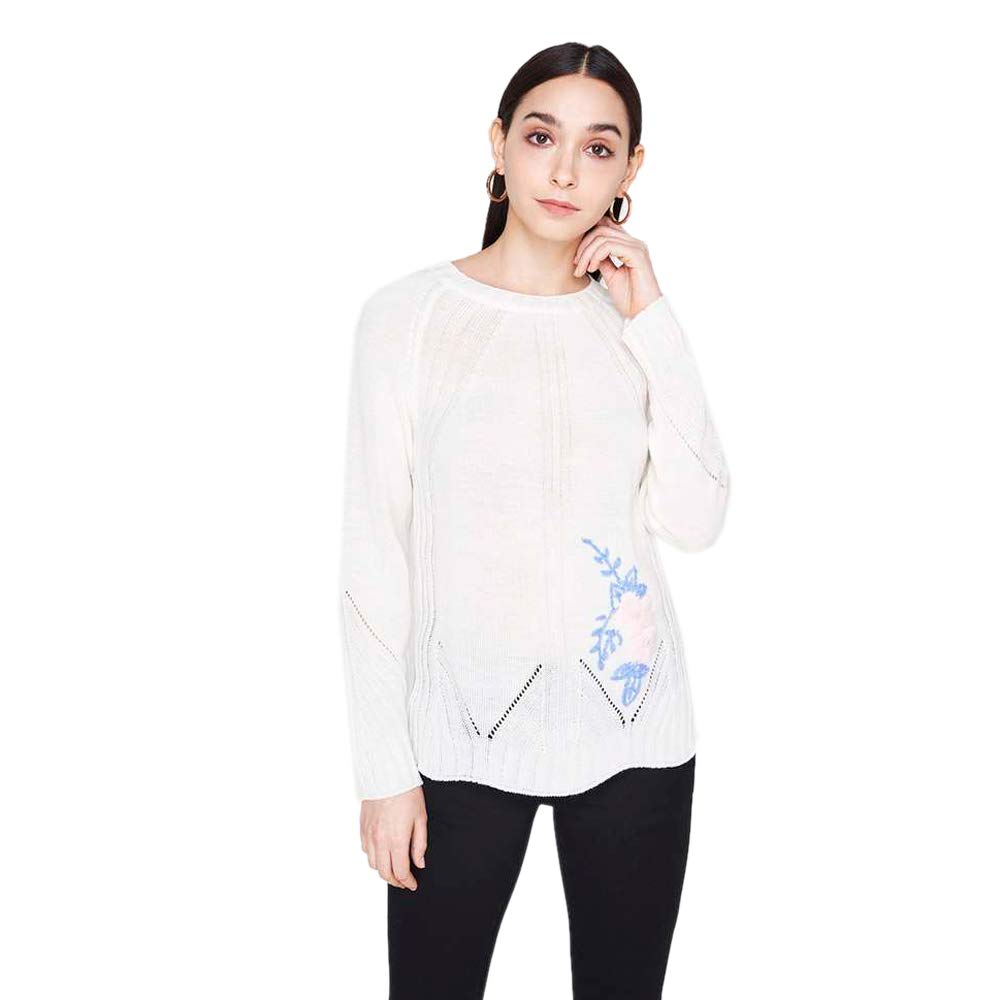 Womens Round Neck Straight Fit Stripe Embroidered Knitted Top