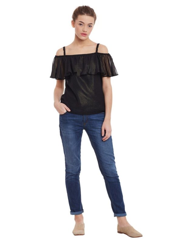 Womens Loose Fit Black Shimmery Off Shoulder Top - Image 2