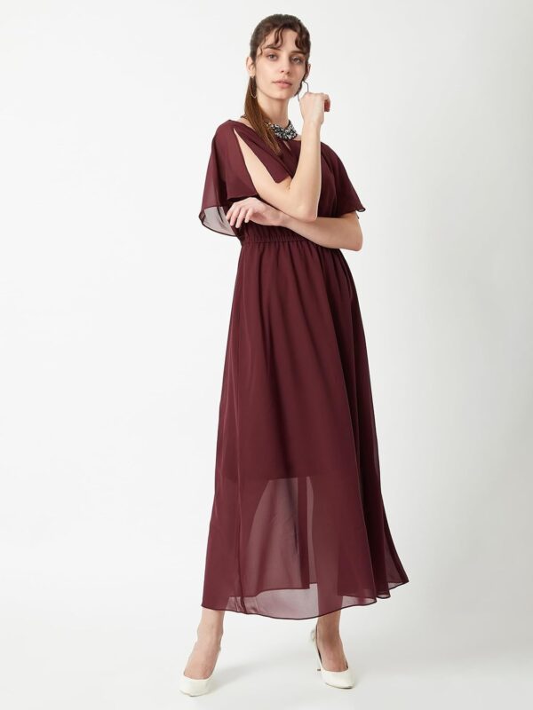 Women's Wine Red Flared Solid Embellished Gathered Maxi Dress - Image 3