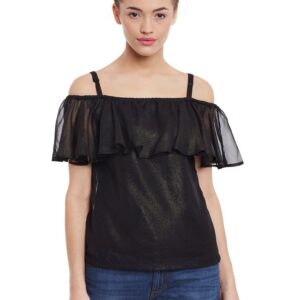 Womens Loose Fit Black Shimmery Off Shoulder Top