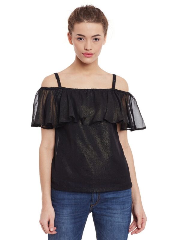 Womens Loose Fit Black Shimmery Off Shoulder Top