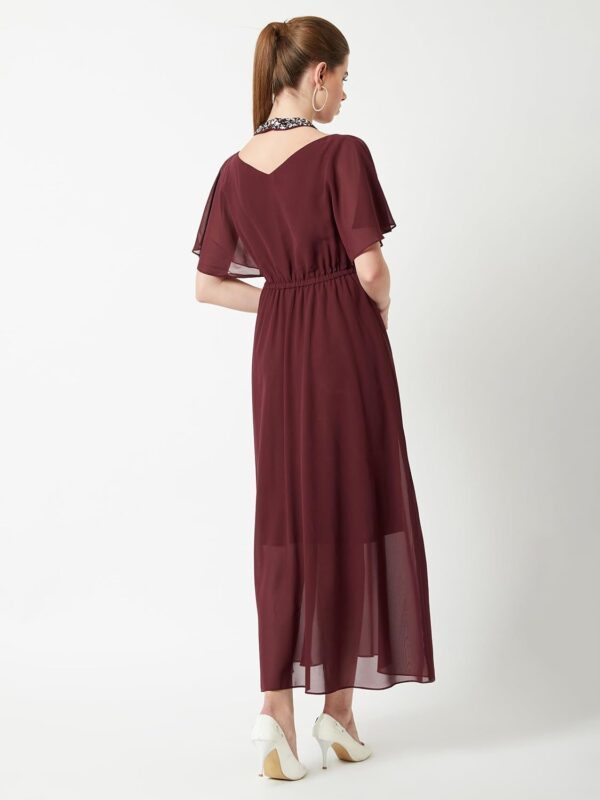 Women's Wine Red Flared Solid Embellished Gathered Maxi Dress - Image 4