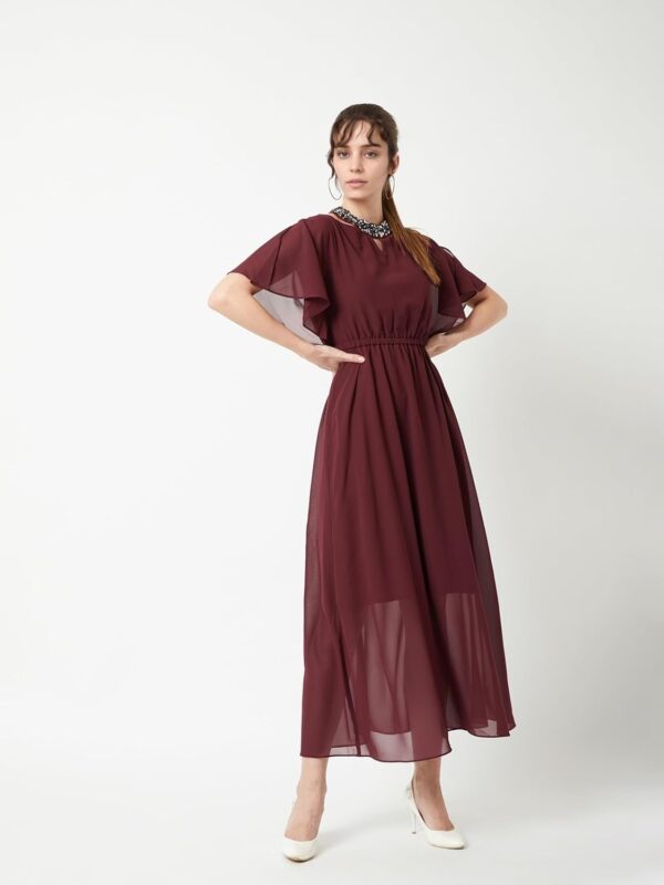 Women's Wine Red Flared Solid Embellished Gathered Maxi Dress - Image 6