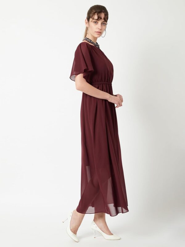 Women's Wine Red Flared Solid Embellished Gathered Maxi Dress - Image 2
