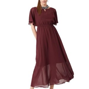 Women's Wine Red Flared Solid Embellished Gathered Maxi Dress