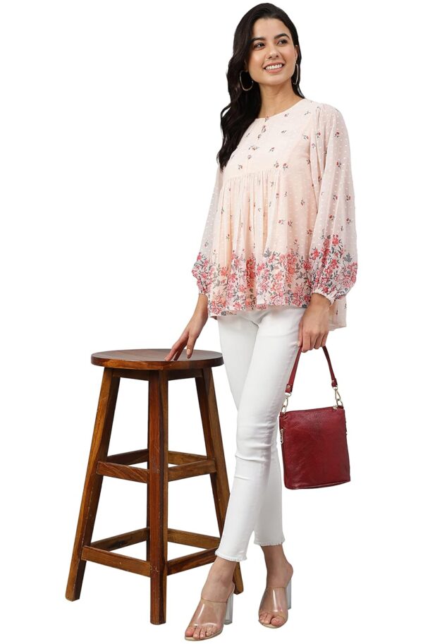 Women's Peach Georgette Floral Print Flared Top - Image 3