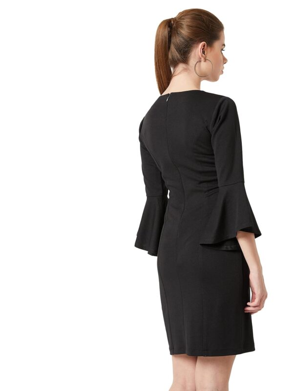 Black Boat Neck Ruffled Solid Bodycon Knee Length Dress - Image 4