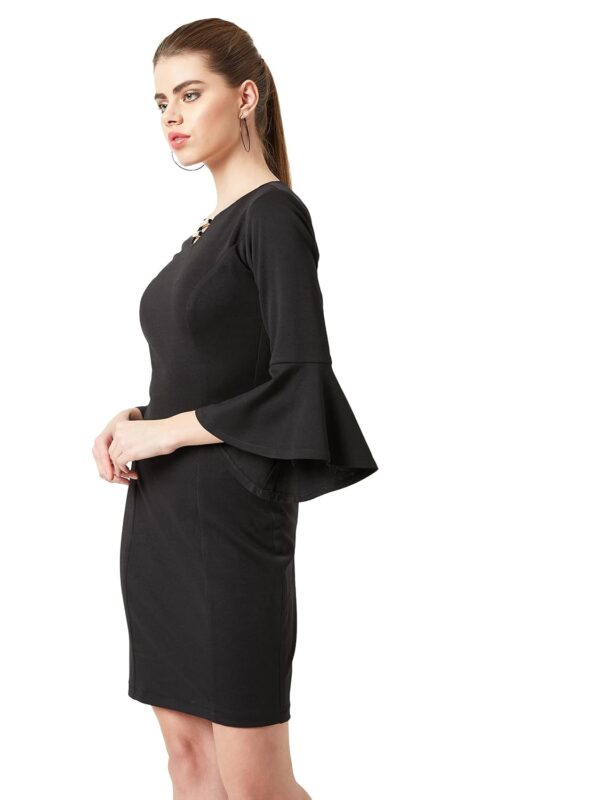 Black Boat Neck Ruffled Solid Bodycon Knee Length Dress - Image 3