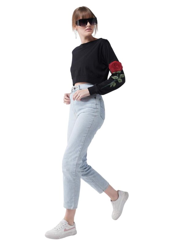 Women's Black Round Neck Full Sleeves Solid Cotton Embroidered Floral Patchwork Boxy Crop Top - Image 3