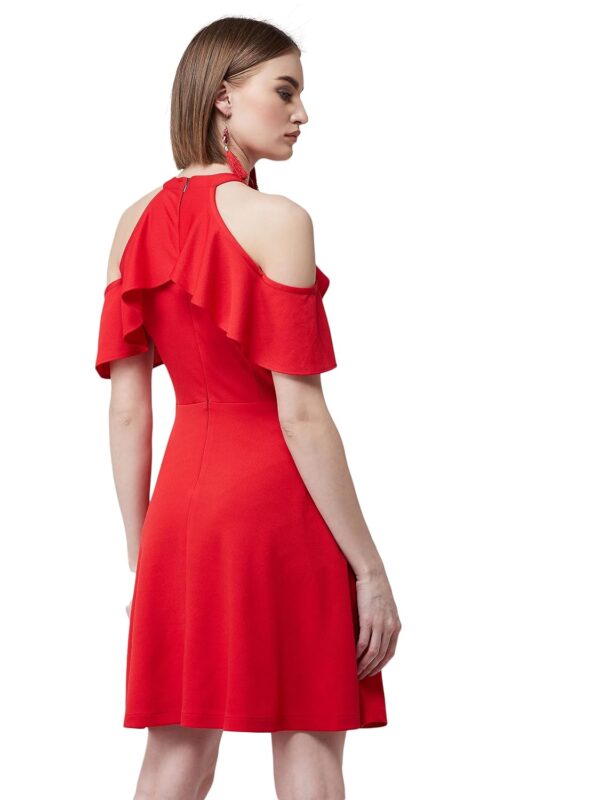 Women's Red Halter Neck Sleeveless Solid Skater Midi Ruffled Dress - Image 3