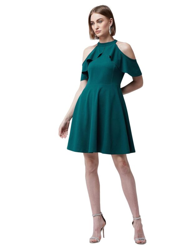Women's Green Halter Neck Sleeveless Solid Skater Midi Ruffled Dress - Image 2