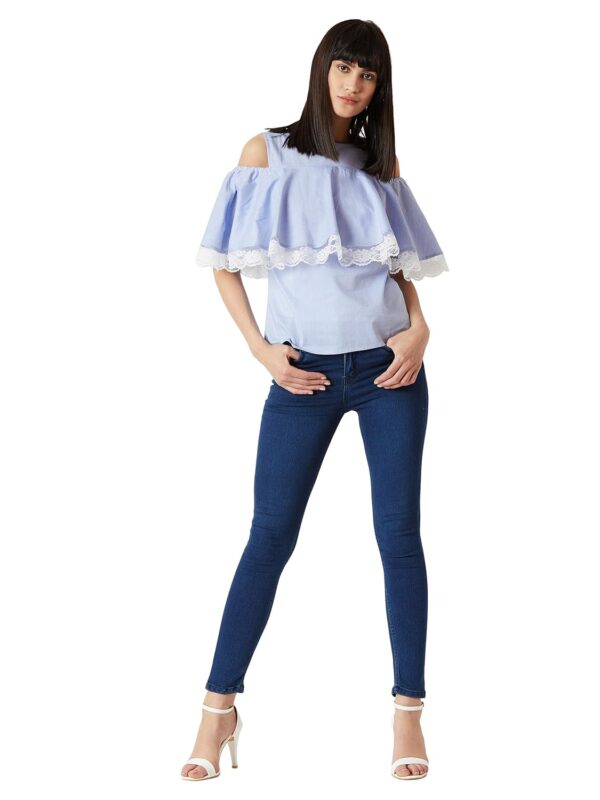 Women's Light Blue Round Neck Cotton Ruffled Cold Shoulder Top - Image 2