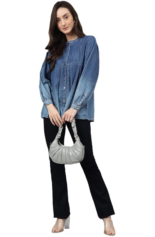 Women's Blue Denim Faded Flared Top - Image 2
