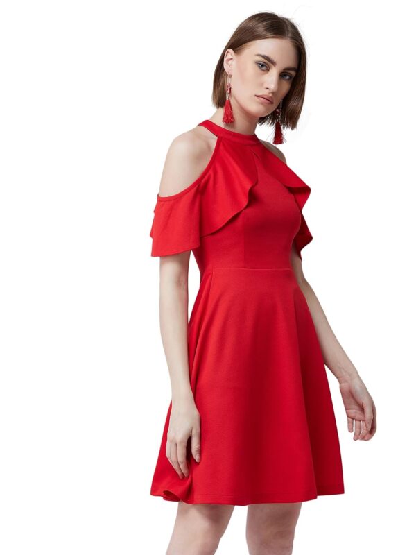 Women's Red Halter Neck Sleeveless Solid Skater Midi Ruffled Dress - Image 2