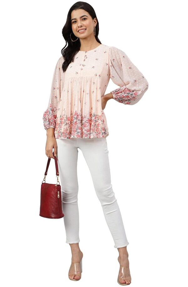 Women's Peach Georgette Floral Print Flared Top - Image 2