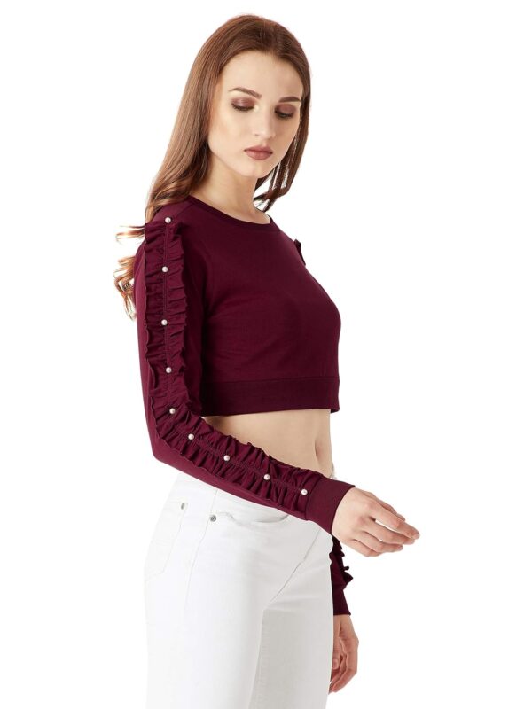 Women's Maroon Ruffled Pearl Crop Top - Image 8