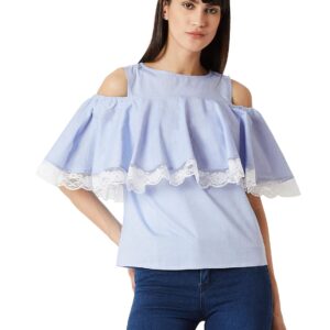 Women's Light Blue Round Neck Cotton Ruffled Cold Shoulder Top