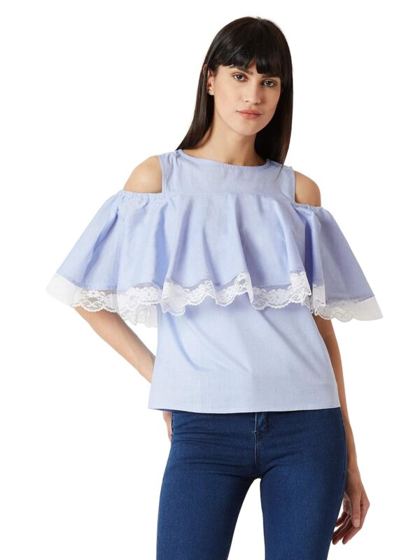 Women's Light Blue Round Neck Cotton Ruffled Cold Shoulder Top