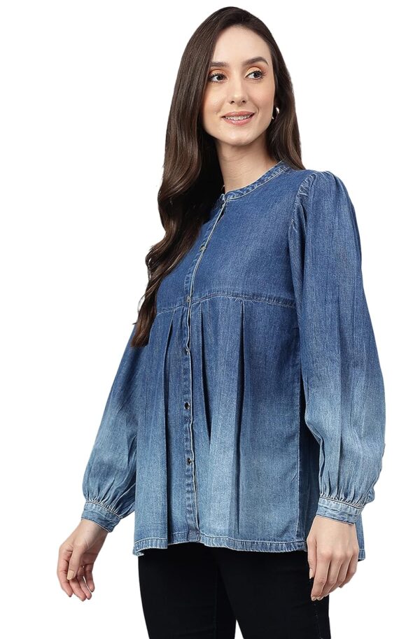 Women's Blue Denim Faded Flared Top - Image 4