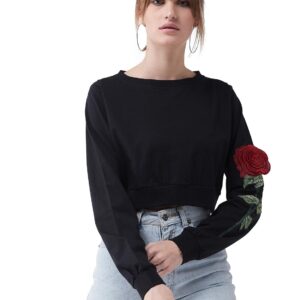 Women's Black Round Neck Full Sleeves Solid Cotton Embroidered Floral Patchwork Boxy Crop Top