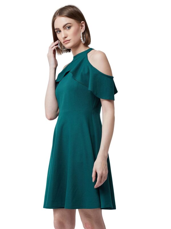 Women's Green Halter Neck Sleeveless Solid Skater Midi Ruffled Dress - Image 3