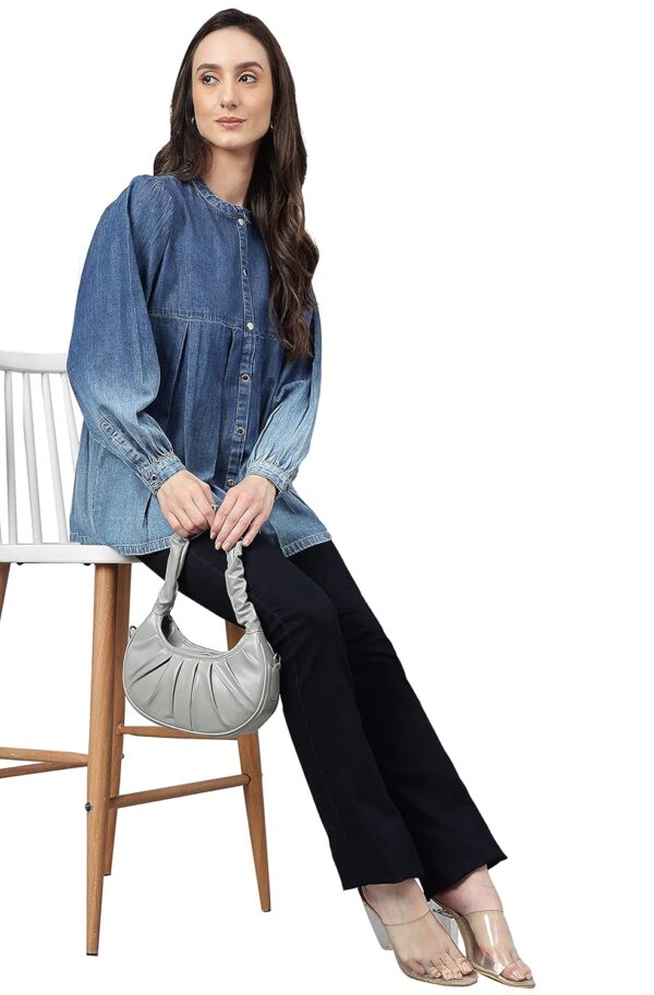 Women's Blue Denim Faded Flared Top - Image 3