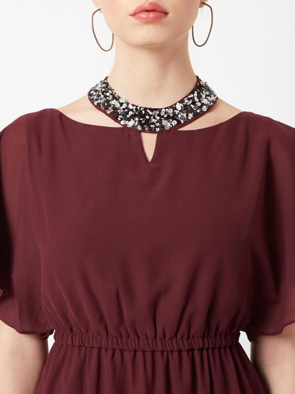 Women's Wine Red Flared Solid Embellished Gathered Maxi Dress - Image 5