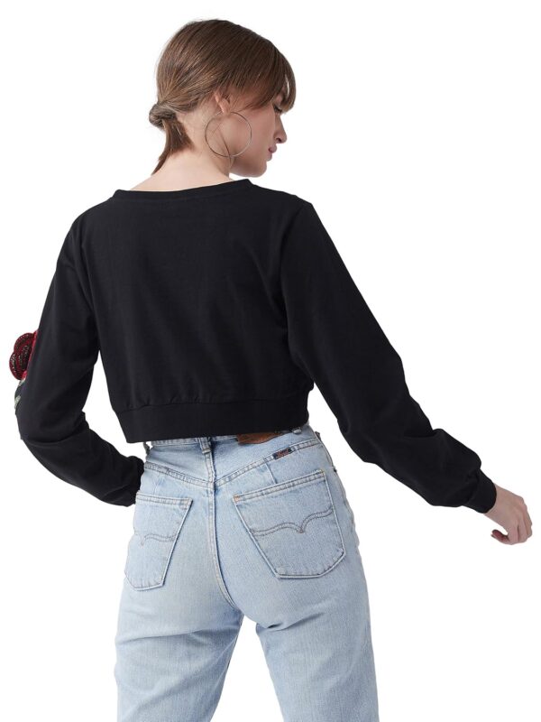 Women's Black Round Neck Full Sleeves Solid Cotton Embroidered Floral Patchwork Boxy Crop Top - Image 5