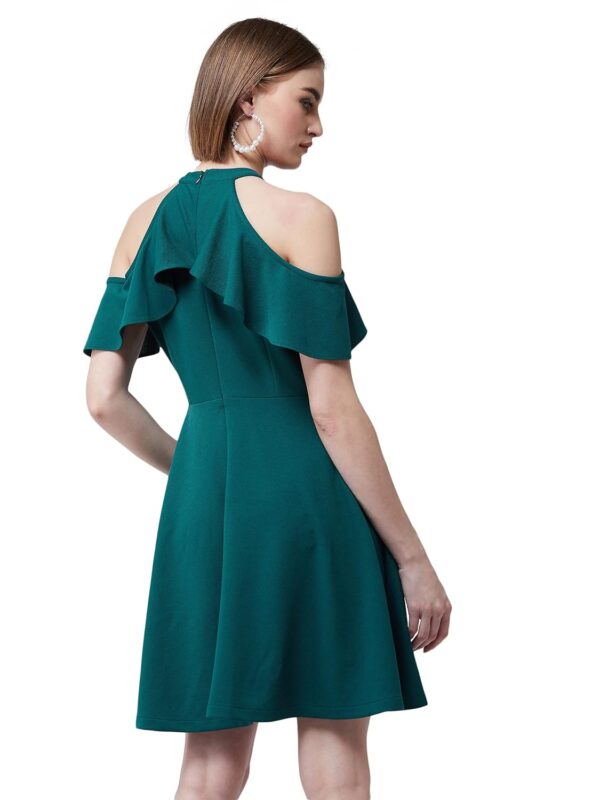Women's Green Halter Neck Sleeveless Solid Skater Midi Ruffled Dress - Image 4