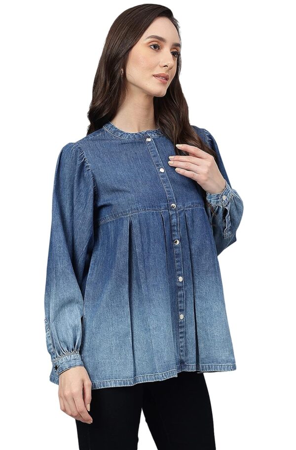 Women's Blue Denim Faded Flared Top - Image 5