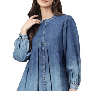 Women's Blue Denim Faded Flared Top