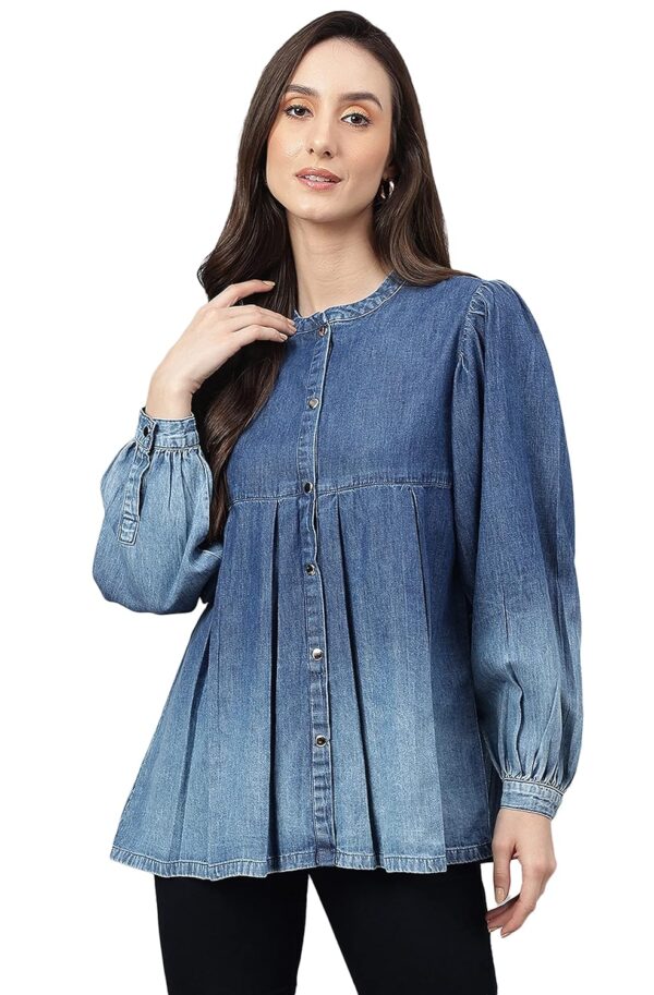 Women's Blue Denim Faded Flared Top