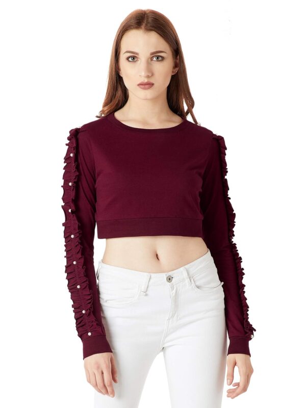 Women's Maroon Ruffled Pearl Crop Top - Image 6