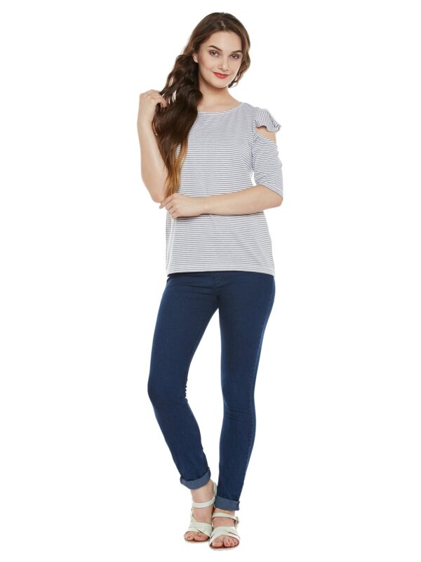 Women's Grey and White Striped Cold Shoulder Top - Image 2