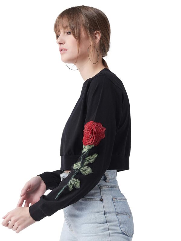 Women's Black Round Neck Full Sleeves Solid Cotton Embroidered Floral Patchwork Boxy Crop Top - Image 4