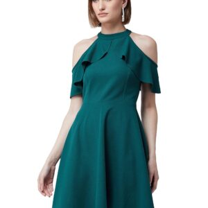 Women's Green Halter Neck Sleeveless Solid Skater Midi Ruffled Dress