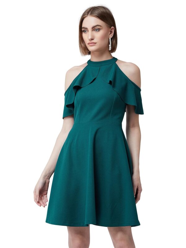 Women's Green Halter Neck Sleeveless Solid Skater Midi Ruffled Dress