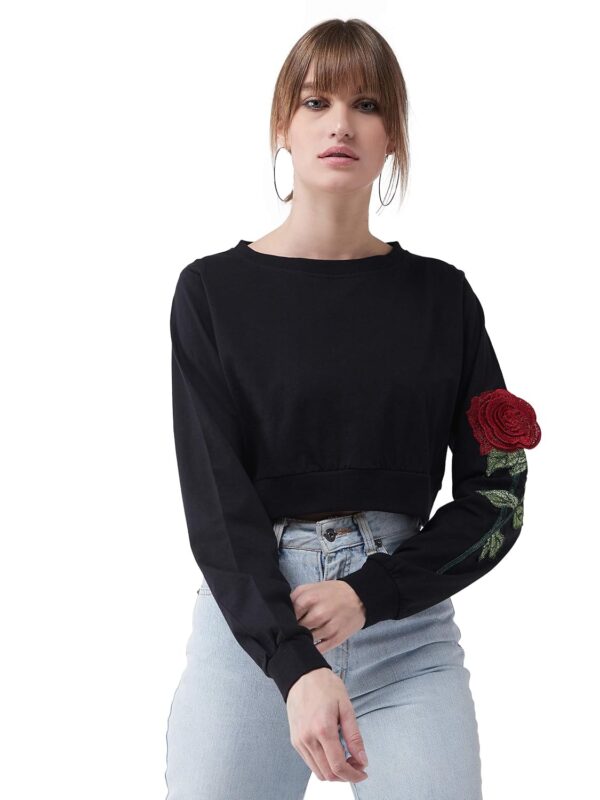 Women's Black Round Neck Full Sleeves Solid Cotton Embroidered Floral Patchwork Boxy Crop Top - Image 2