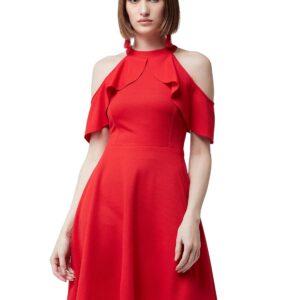Women's Red Halter Neck Sleeveless Solid Skater Midi Ruffled Dress