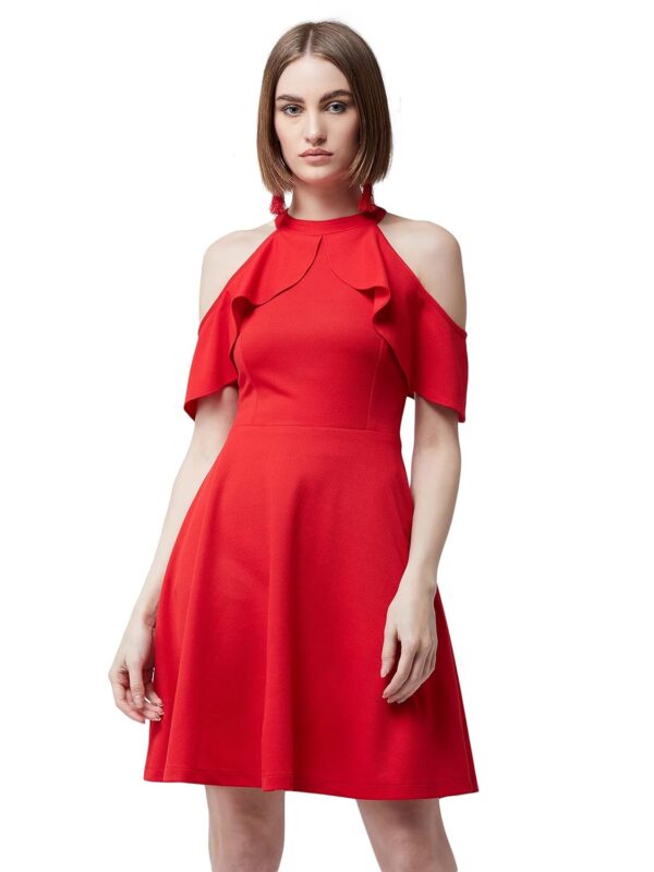 Women's Red Halter Neck Sleeveless Solid Skater Midi Ruffled Dress