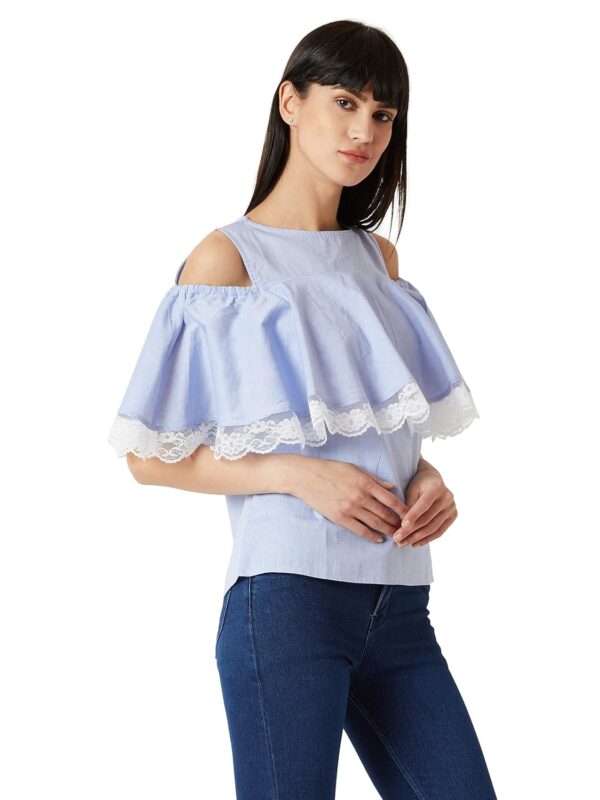 Women's Light Blue Round Neck Cotton Ruffled Cold Shoulder Top - Image 3