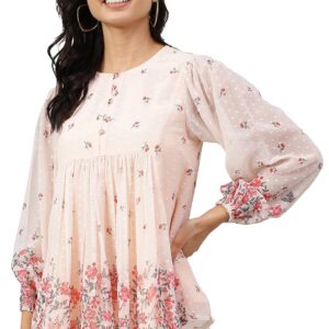 Women's Peach Georgette Floral Print Flared Top