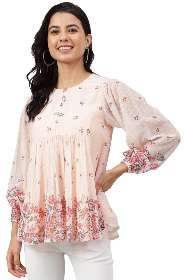 Women's Peach Georgette Floral Print Flared Top