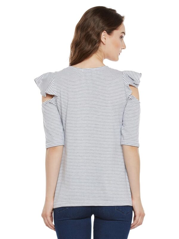 Women's Grey and White Striped Cold Shoulder Top - Image 4