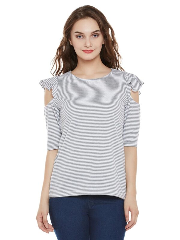 Women's Grey and White Striped Cold Shoulder Top