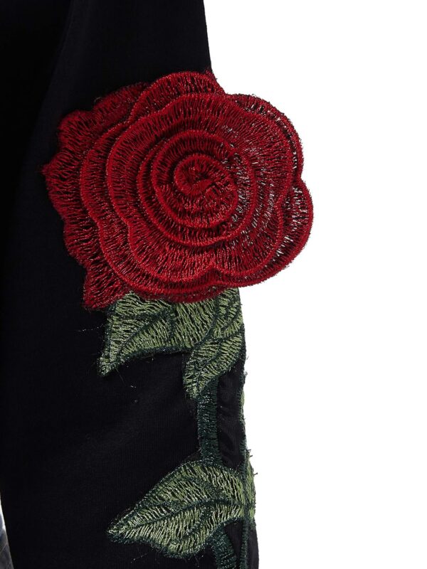 Women's Black Round Neck Full Sleeves Solid Cotton Embroidered Floral Patchwork Boxy Crop Top - Image 7
