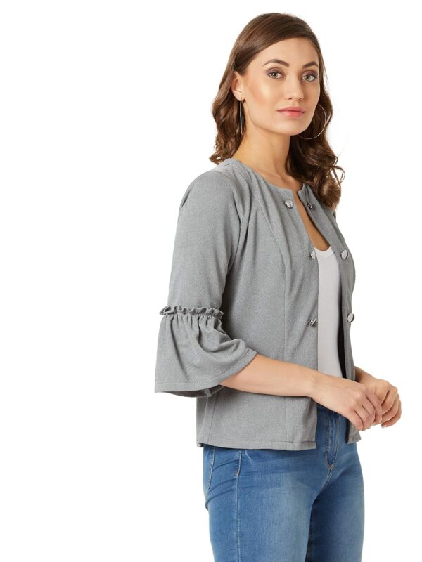 Women's Grey Solid Ruffle Jacket - Image 4