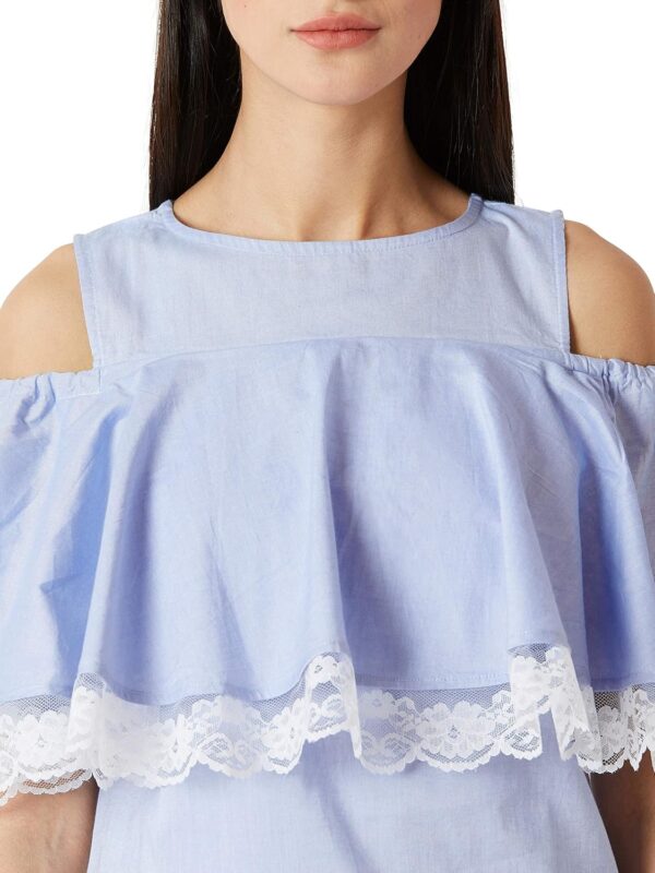 Women's Light Blue Round Neck Cotton Ruffled Cold Shoulder Top - Image 5
